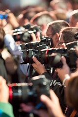 Professional Photography of journalists live-tweeting from a press event or conference, providing real-time updates to their, Generative AI