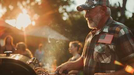 Memorial Day, Independence Day. Veteran day. Veteran flipping burgers at a cookout with an American flag softly blurred in the background.