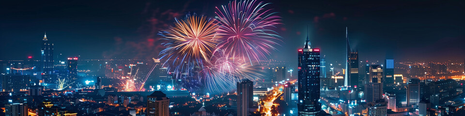 Dramatic Aerial View Cityscape Fireworks, Illuminated Buildings, Patriotic Spirit USA, Independence Day USA, 4th of July Celebration