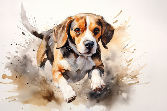 Watercolor painting of beagles dog running on a clean background. Pet. Animals. Illustration, Generative AI.