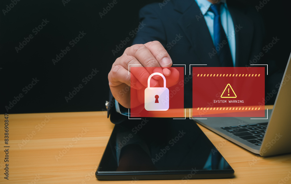 Poster businessman working on tablet and computer online showing protection icons cyber espionage, represen