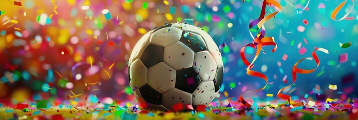 Celebratory Soccer Victory: Soccer Ball Centered in Frame Amidst Flying Confetti and Streamers, Against a Vibrant, Colorful Background. Cinematic High Resolution Photography Capturing the Joyous Mood.