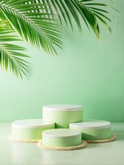 Elegant Green Podium for Product Display with Tropical Palm Leaves Background - Perfect for Showcasing Cosmetics, Skincare, and Beauty Products in a Modern and Fresh Setting