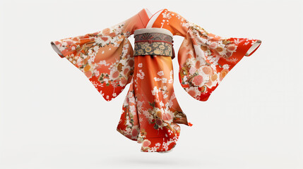 Naklejka premium Elegant Traditional Japanese Kimono Robe on Clean White Background with Floral Motifs, Oriental Fashion Photography for Commercial Use