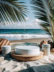 Obraz premium Elegant Beachside Podium for Product Display with Tropical Palm Leaves and Ocean Background, Perfect for Summer-Themed Marketing and Advertising