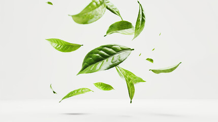 Fresh Matcha Green Tea Leaf Close-Up on White Background