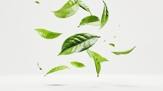 Fresh Matcha Green Tea Leaf Close-Up on White Background