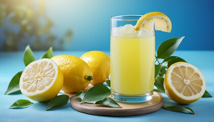 lemonade with lemon and mint Fresh lemon juice in a glass on a bright blue background