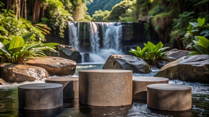 Obraz premium Elegant Podium Display for Product Presentation in a Serene Natural Waterfall Setting with Lush Greenery and Rocks