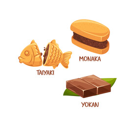 Traditional Japanese Sweets Taiyaki, Monaka, And Yokan. Cartoon Vector Image For Use In Culinary Blogs