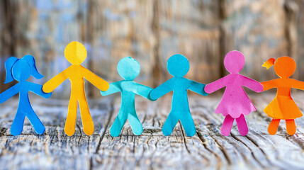 Unity in Diversity. A row of paper cut-out figures in various colors stands against a wooden backdrop, symbolizing inclusivity and teamwork.