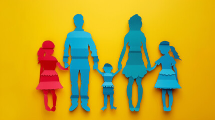 Family Silhouette. A paper cut-out of a family holding hands against a vibrant yellow background.  concept of family unity and togetherness in a simple, artistic form.