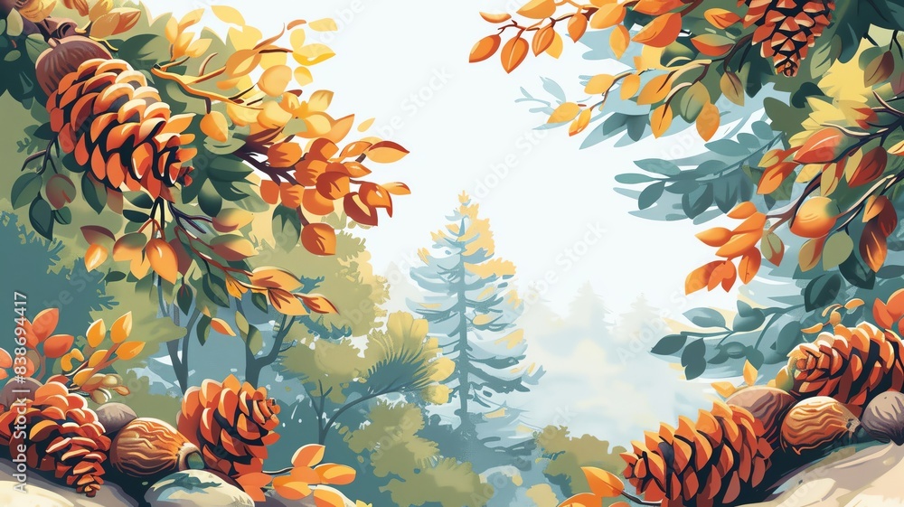 Poster a flat design background with a garland of pine cones at the top and bottom, providing free copy spa