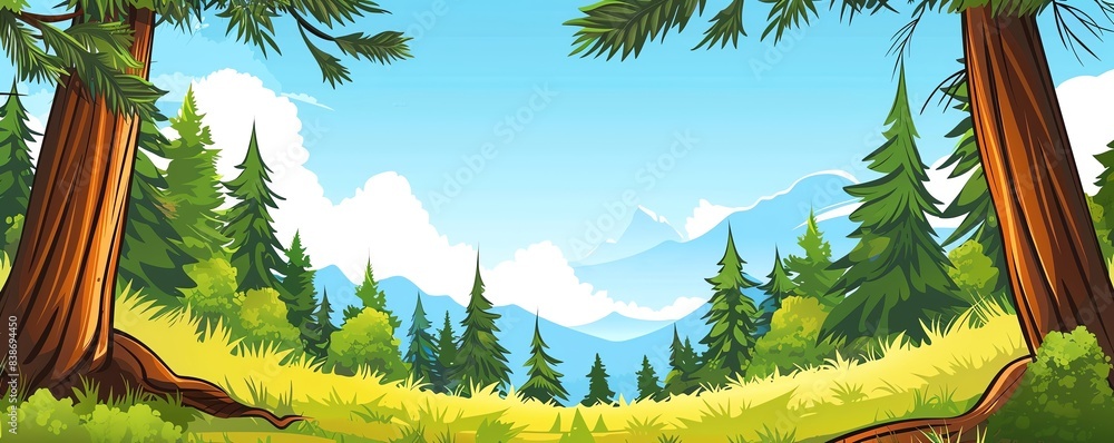 Poster a flat design background with pine trees forming a circular border, with free copy space inside for 