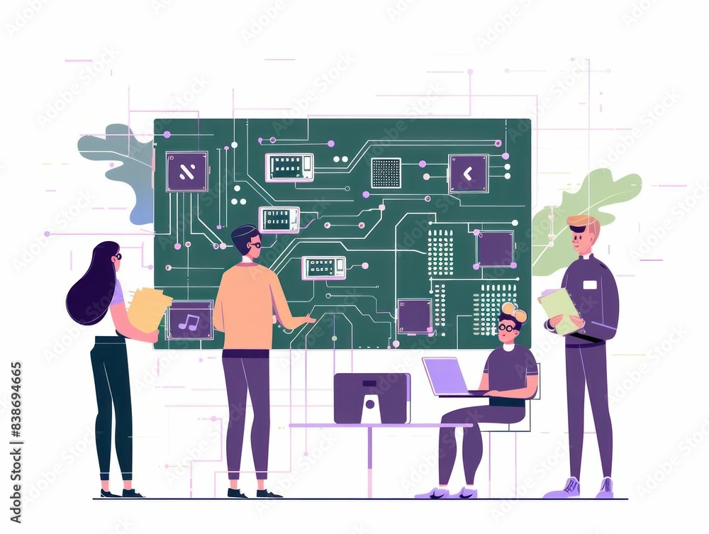 Poster group of people standing around computer screen with circuit board during a technology innovation pr