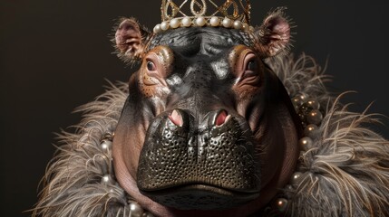 Obraz premium Hippopotamus wearing a queen's dress and crown, on a black background.