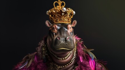 Fototapeta premium Hippopotamus wearing a queen's dress and crown, on a black background.