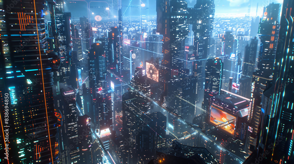 Poster futuristic city with neon lights for sci-fi background with copy space text for website