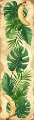 Obraz premium Set of tropical leaves including monstera, palm, and banana, arranged artistically on a vintage background, Vintage, Earthy tones, Digital Illustration
