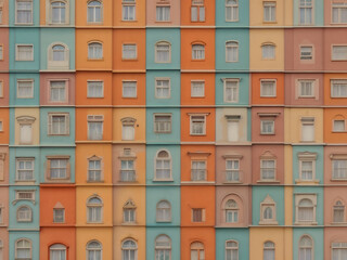 Fototapeta premium A visually striking pattern of pastel orange, teal, and pink facades with rows of windows, typical of old residential buildings. Urban, architecture, or travel themes.