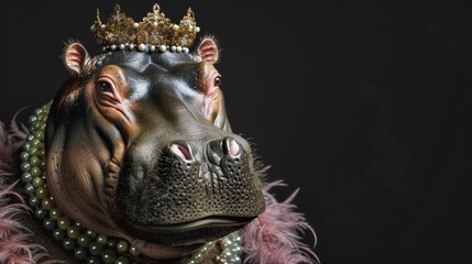 Hippopotamus wearing a queen's dress and crown, on a black background.