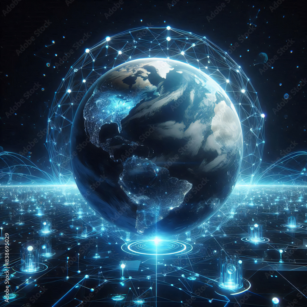Poster blue digital globe with network for technology background with copy space text for business