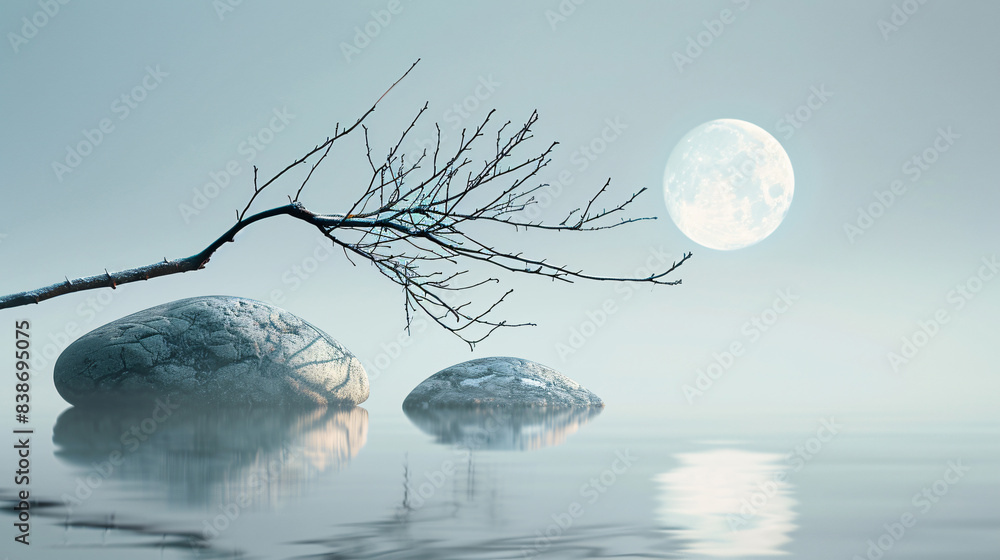 Poster grey stones and branch with full moon for nature background with copy space text for social media