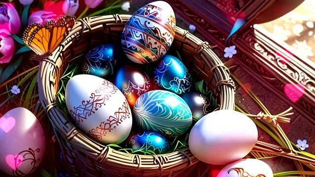 colorful easter eggs in a basket
