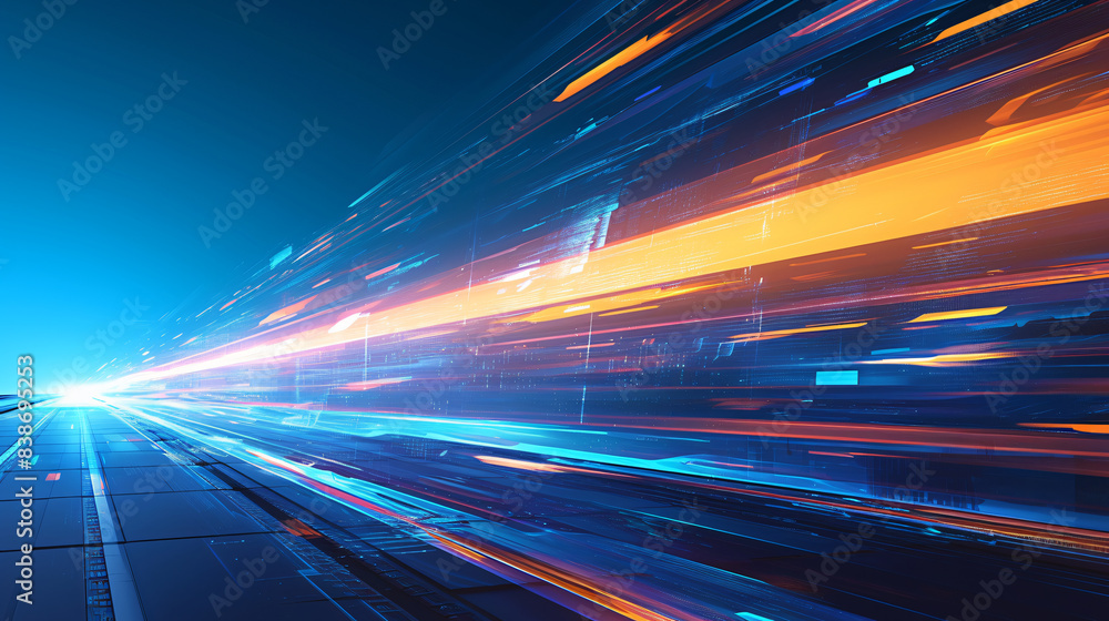 Poster blue and orange futuristic speed lines for technology background with copy space text for website