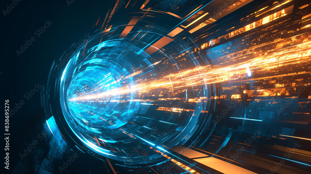 Poster blue and orange futuristic tunnel for technology background with copy space text for website