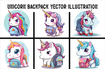 Cute Unicorn Wearing a School Bag Vector. Unicorn With Backpack Illustration.Back to School Unicorn.