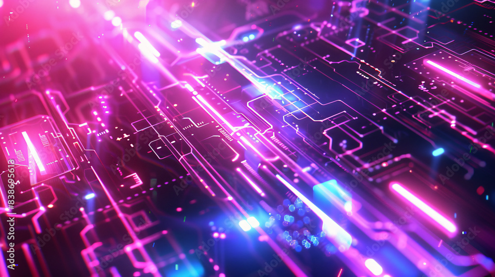 Aufkleber pink and blue circuit board with neon lights for technology background with copy space text for webs