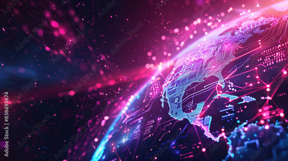 Poster pink digital globe with network for technology background with copy space text for website