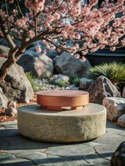 Elegant Display Podium in Serene Outdoor Setting with Blossoming Trees and Natural Stone Elements, Perfect for Product Showcasing and Photography