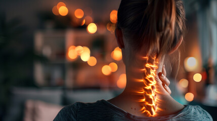 Uncomfortable Neck: Woman Suffering from Pain in Highlighted Image - Powered by Adobe