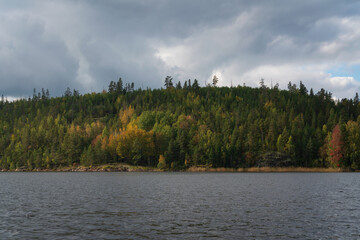 Lake Ladoga near the village Lumivaara on a sunny autumn day, Ladoga skerries, Lakhdenpokhya, Republic of Karelia, Russia