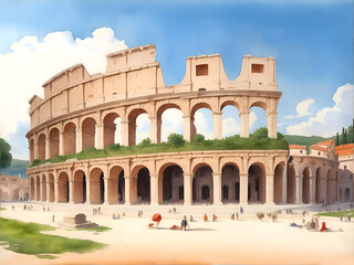Fototapeta premium Pula's Roman Arena Croatia Country Landscape Watercolor Illustration Art