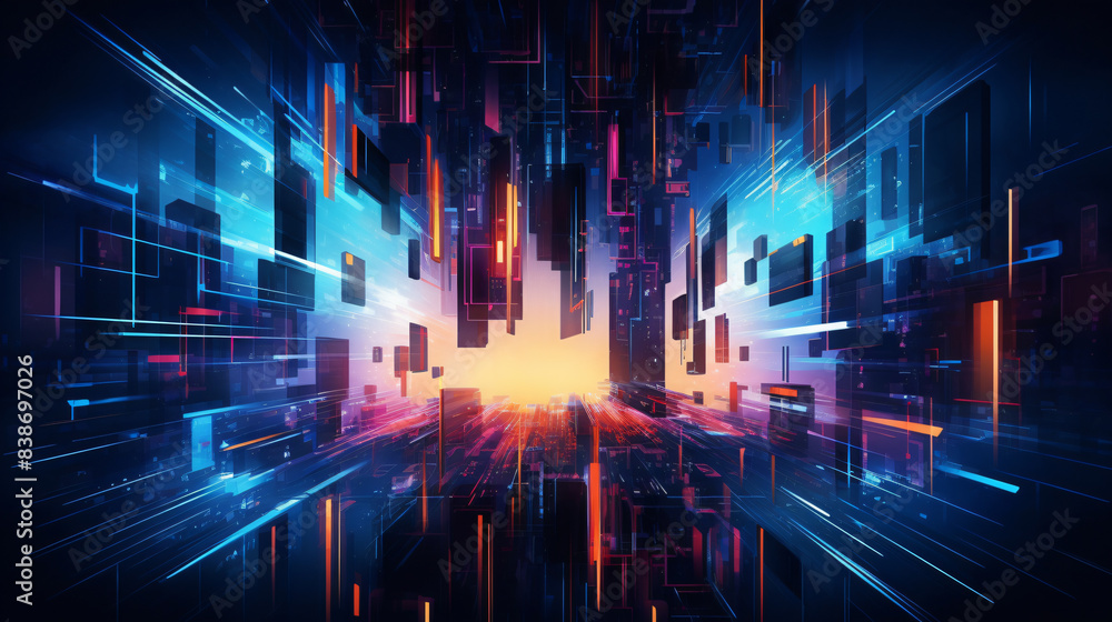Fototapete neon geometric shapes for futuristic background with copy space text for website