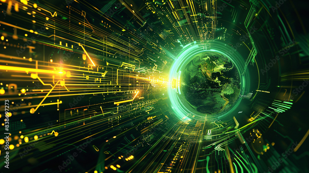 Poster green circuit board with earth for technology background with copy space text for website
