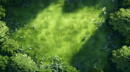 Lush green grass field framed by trees in summer sunlight cartoon illustration.