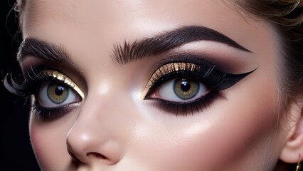 Obraz premium Intense Eye Makeup with Gold Eyeshadow and Winged Eyeliner