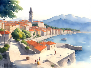 Rijeka Croatia Country Landscape Watercolor Illustration Art