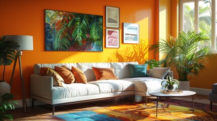A vibrant living room with colorful art on the walls, a cozy sofa, and a stylish coffee table