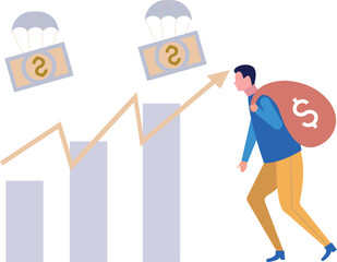 The boy is carrying a bag of dollars.