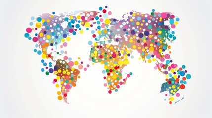 Fototapeta premium Abstract world map made of multicolored circles on a light background, presented as a vector illustration. Flat design with simple geometric shapes forming a global structure
