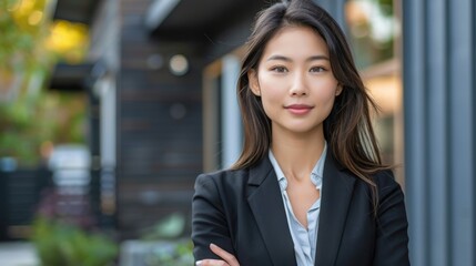 A successful Asian woman real estate agent in a professional outfit stands confidently outside a modern house with clean lines and simple landscaping