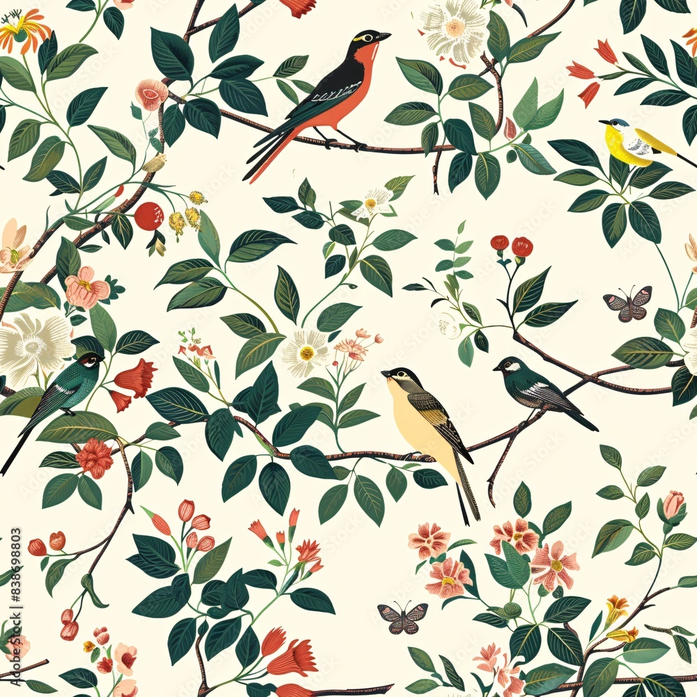 Poster a seamless pattern featuring delicate flora and colorful birds in a naturalistic design