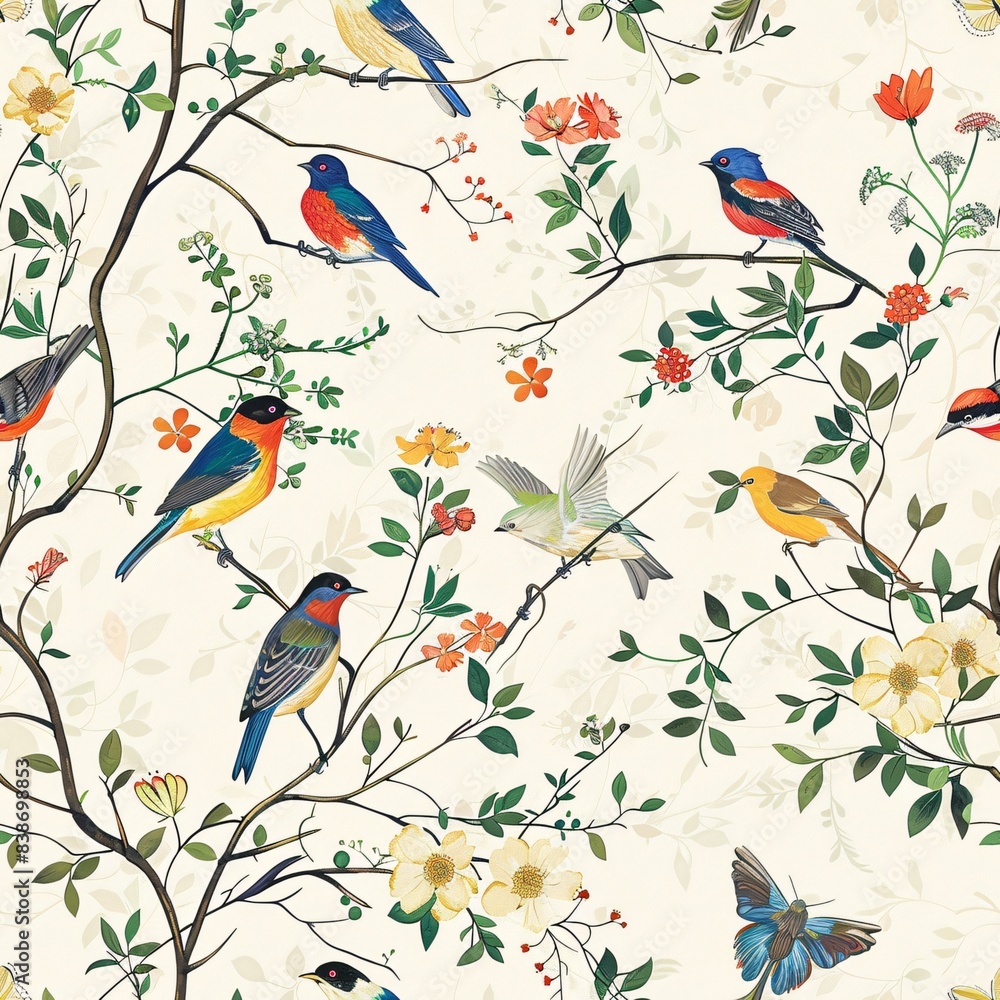 Poster a seamless pattern featuring delicate flora and colorful birds in a naturalistic design