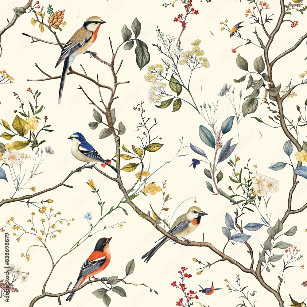 Poster a seamless pattern featuring delicate flora and colorful birds in a naturalistic design