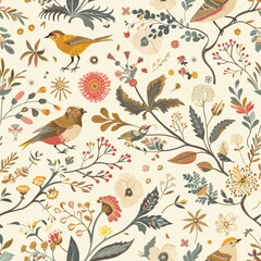 A seamless pattern displaying whimsical birds and intricate floral designs, arranged in a cohesive layout